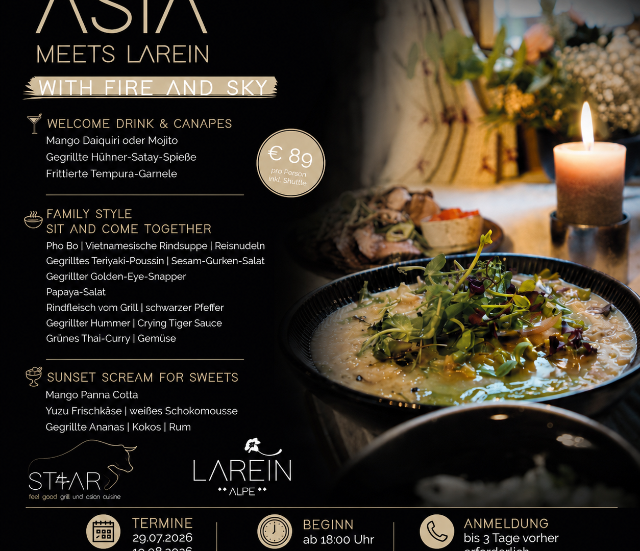 An elegant event poster titled "Asia meets Larein". It describes a culinary experience featuring Asian cuisine, drinks, and sweet treats, surrounded by atmospheric lighting.