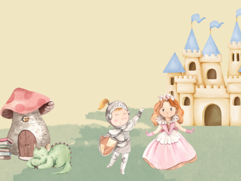 Eine bunte Märchenlandschaft mit einem Schloss, einem Ritter und einer Prinzessin. Neben ihnen stehen ein Drache und ein Pilz mit Büchern.