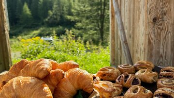 Ein Korb mit frischen Croissants und eine Auswahl an Gebäck stehen auf einem Tisch. Im Hintergrund sind grüne Wälder und Berge sichtbar.