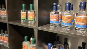 A row of bottles of spirits on a shelf. The bottles have colorful labels and are neatly arranged.
