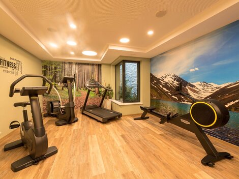 Ein modernes Fitnessstudio mit verschiedenen Trainingsgeräten. Die Wände sind mit einem schönen Naturmotiv dekoriert.