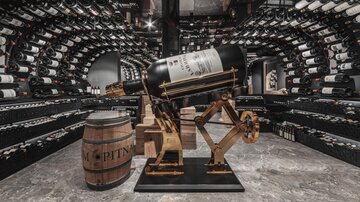 Ein eleganter Weinkeller mit einer großen Weinflasche auf einem Ständer. Im Hintergrund sind ordentlich gestapelte Weinflaschen zu sehen.