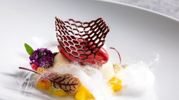 Ein kunstvoll angerichtetes Dessert auf einem weißen Teller. Es enthält eine Kombination aus Eis, Früchten und essbaren Dekorationen.