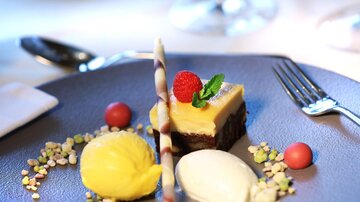 An artistically arranged dessert plate with various scoops of ice cream, a mousse, and colorful decorations. Fresh berries and mint add an attractive accent to the dish.