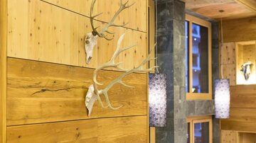 Ein rustikaler Innenraum mit Holzverkleidung und einem Geweih an der Wand. Im Hintergrund sind moderne Beleuchtungselemente zu sehen.