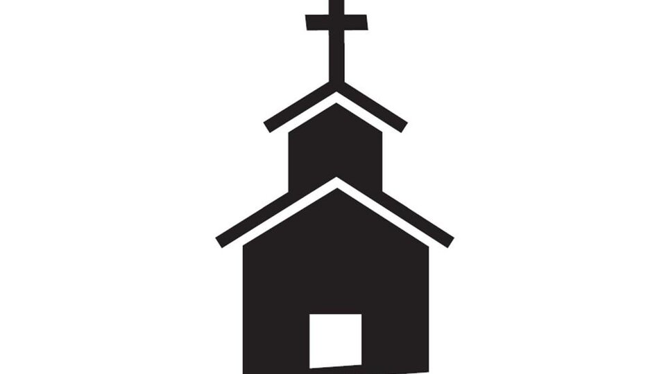 Ein einfaches, stilisiertes Bild einer Kirche mit einem Kreuz auf dem Dach. Die Silhouette zeigt eine klare, geometrische Form.