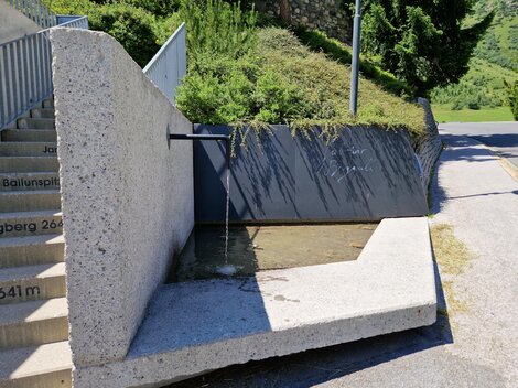 A modern water feature made of concrete with a simple design. In the background, green hedges and trees can be seen.