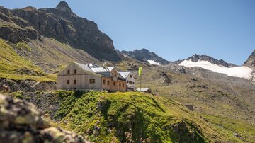 Eine Alm in den Bergen mit sanften Hügeln und schneebedeckten Gipfeln im Hintergrund. Der Himmel ist klar und blau.