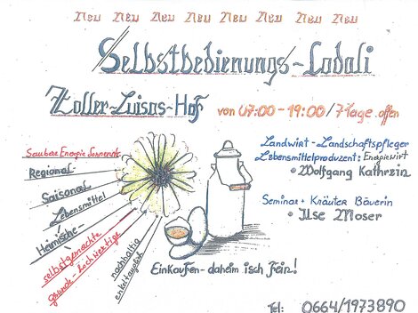 A handwritten flyer for a self-service restaurant called Zollner-Zuisn-Hof. It highlights regional, seasonal products and seminars, with opening hours from 07:00 AM to 07:00 PM.
